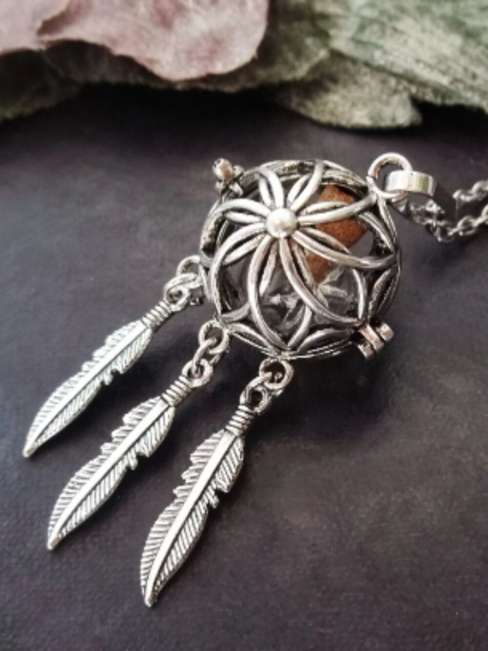 Dreamcatcher Locket Necklace Silver Memorial Glass Vial Orb Feather Pendant